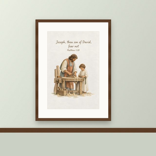 St Joseph, Matthew 1:20 watercolor print, framed on a wall