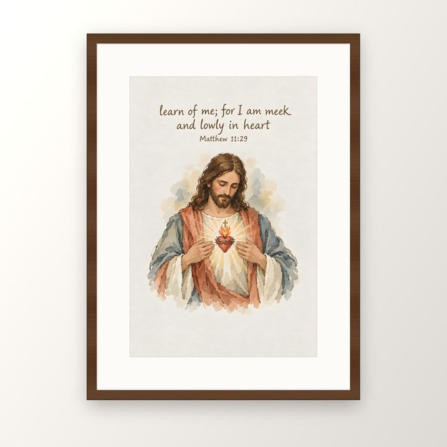 Sacred Heart of Jesus, Matthew 11:29 watercolor print, framed
