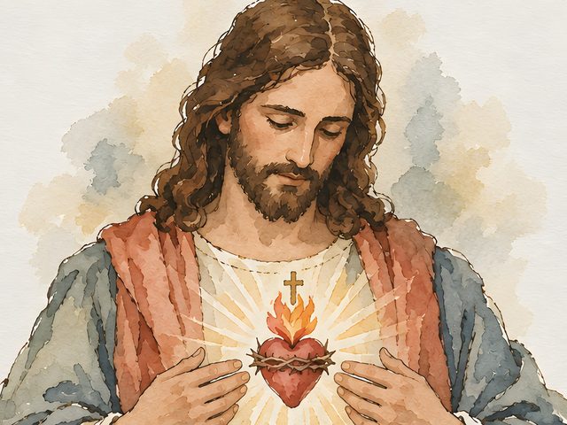 Sacred Heart of Jesus, Matthew 11:29 watercolor print, close-up of the watercolor painting
