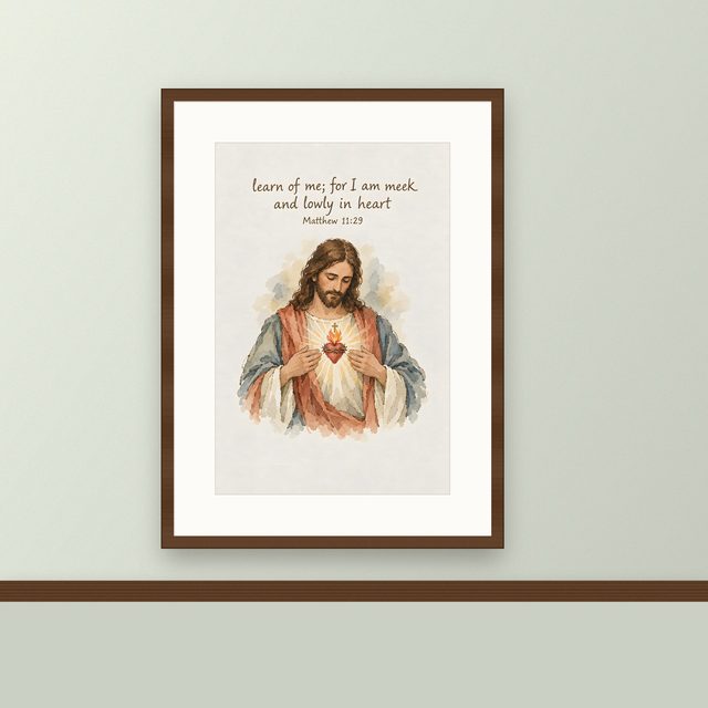 Sacred Heart of Jesus, Matthew 11:29 watercolor print, framed on a wall