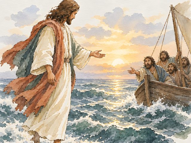 Jesus Walking on Water, Matthew 14:27 watercolor print, close-up of the watercolor painting