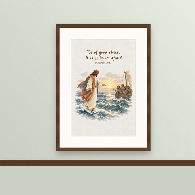 Jesus Walking on Water, Matthew 14:27 watercolor print, framed on a wall