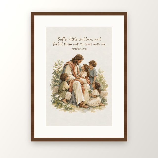 Jesus With Children, Matthew 19:14 watercolor print, framed