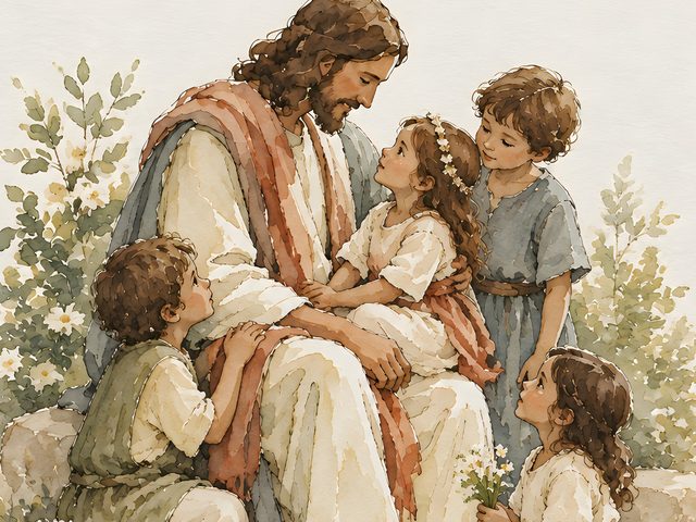 Jesus With Children, Matthew 19:14 watercolor print, close-up of the watercolor painting