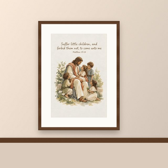 Jesus With Children, Matthew 19:14 watercolor print, framed on a wall