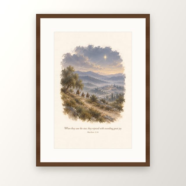 Wise Men on Camels, Matthew 2:10 watercolor print, framed