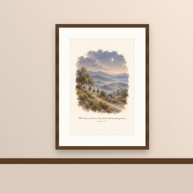 Wise Men on Camels, Matthew 2:10 watercolor print, framed on a wall