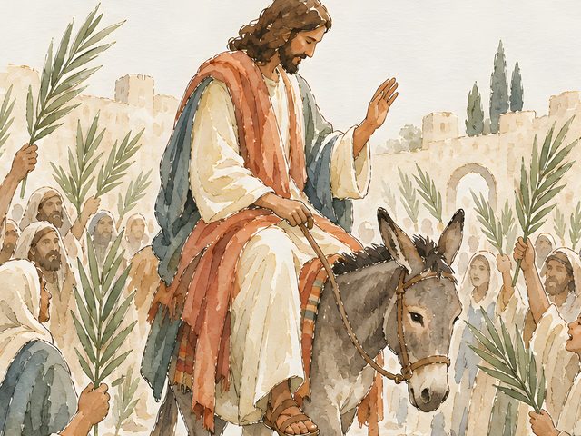 Palm Sunday, Matthew 21:9 watercolor print, close-up of the watercolor painting