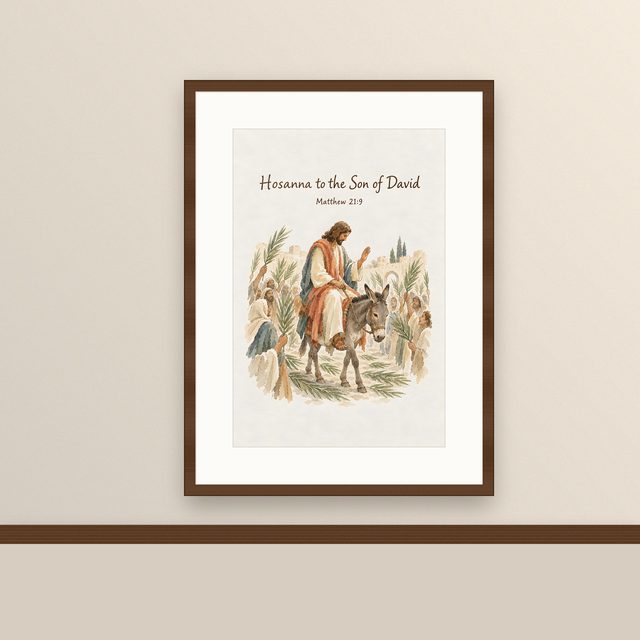 Palm Sunday, Matthew 21:9 watercolor print, framed on a wall