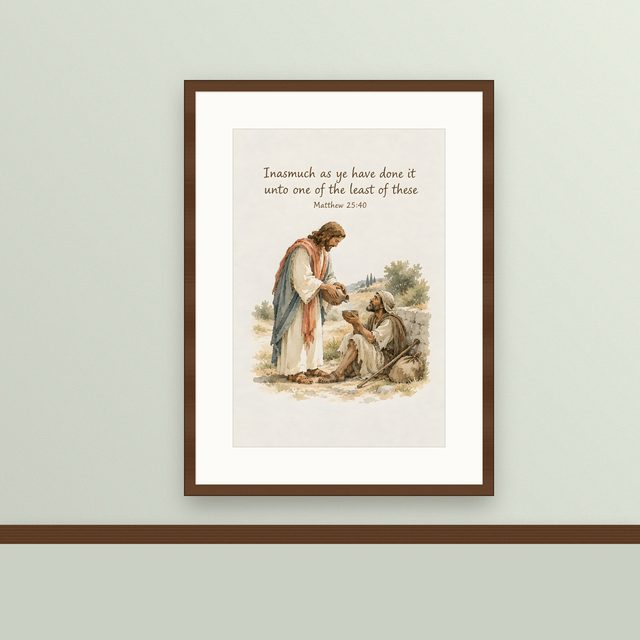 Unto One of the Least of These, Matthew 25:40 watercolor print, framed on a wall