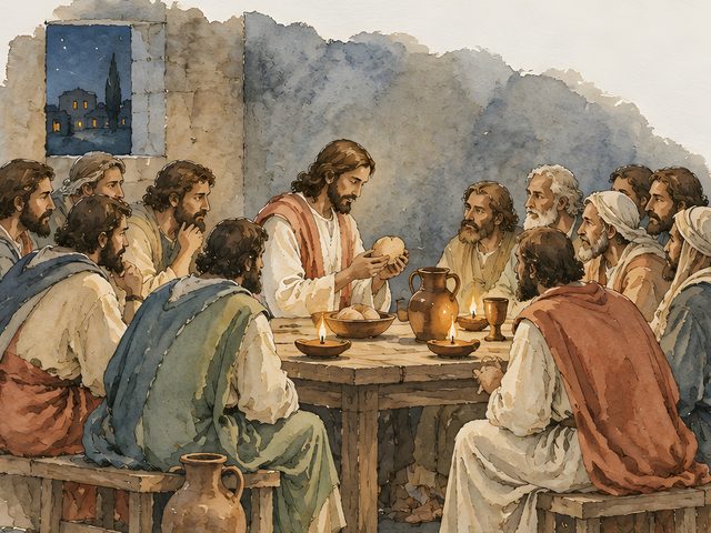 Last Supper, Matthew 26:26 watercolor print, close-up of the watercolor painting