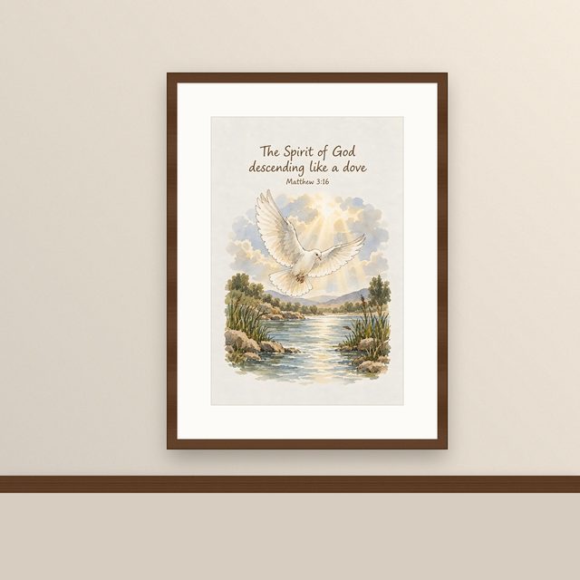 Holy Spirit Dove, Matthew 3:16 watercolor print, framed on a wall