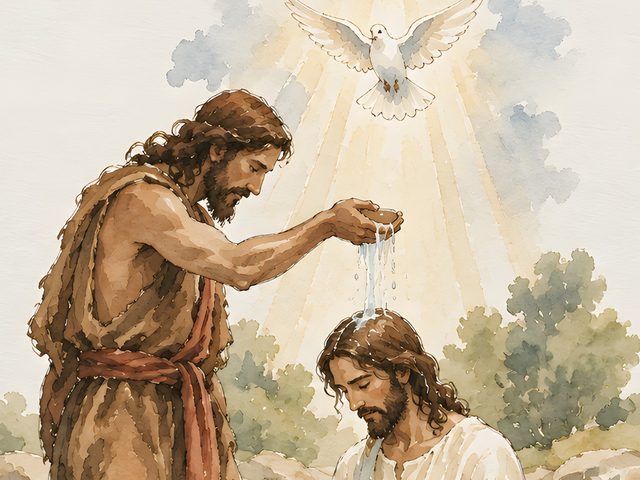 Baptism of Jesus, Matthew 3:17 watercolor print, close-up of the watercolor painting