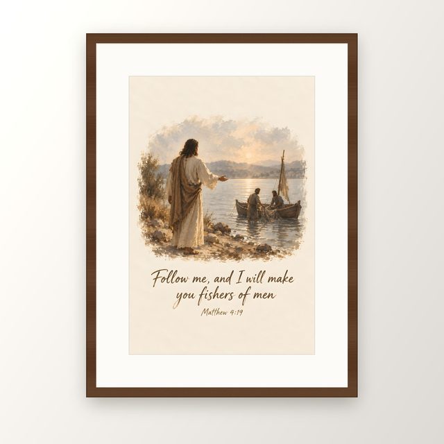 Jesus by the Lake, Matthew 4:19 watercolor print, framed