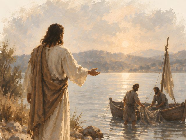 Jesus by the Lake, Matthew 4:19 watercolor print, close-up of the watercolor painting