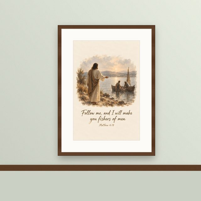 Jesus by the Lake, Matthew 4:19 watercolor print, framed on a wall