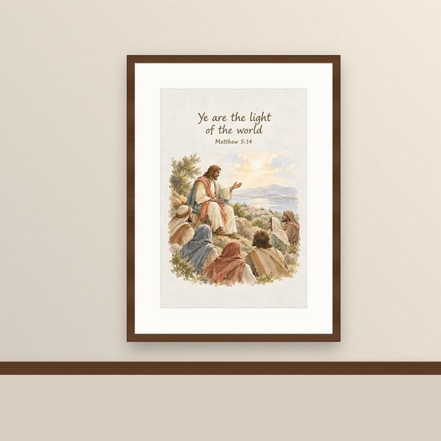Sermon on the Mount, Matthew 5:14 watercolor print, framed on a wall