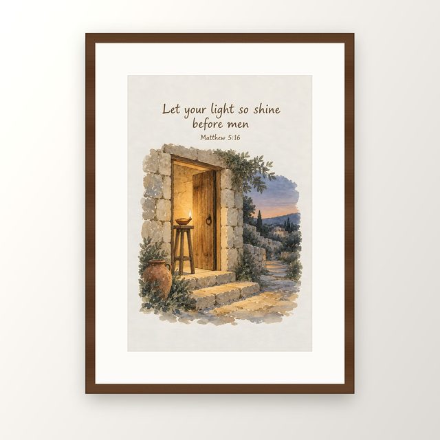 Oil Lamp, Matthew 5:16 watercolor print, framed