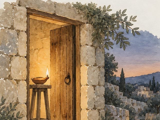 Oil Lamp, Matthew 5:16 watercolor print, close-up of the watercolor painting