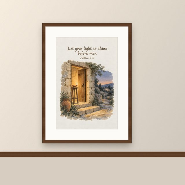 Oil Lamp, Matthew 5:16 watercolor print, framed on a wall