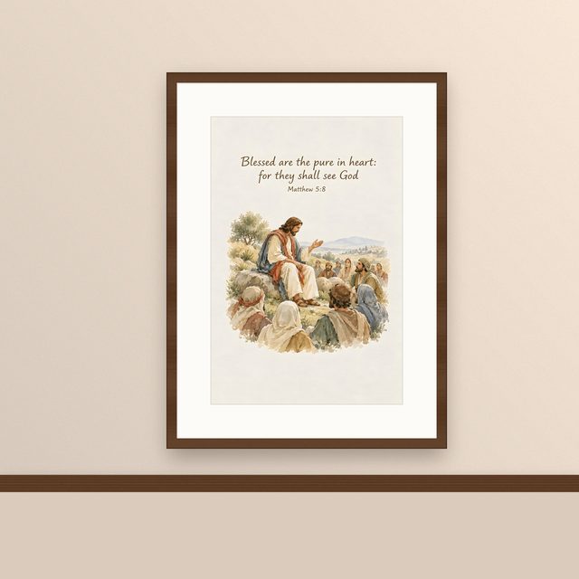 Beatitudes, Matthew 5:8 watercolor print, framed on a wall