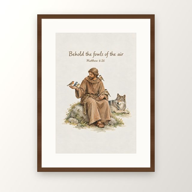 St Francis, Matthew 6:26 watercolor print, framed