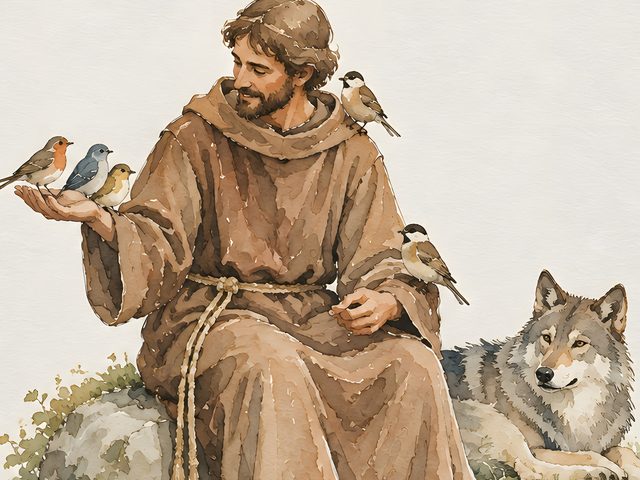 St Francis, Matthew 6:26 watercolor print, close-up of the watercolor painting