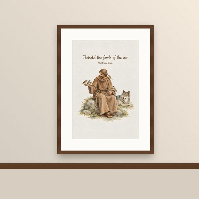 St Francis, Matthew 6:26 watercolor print, framed on a wall