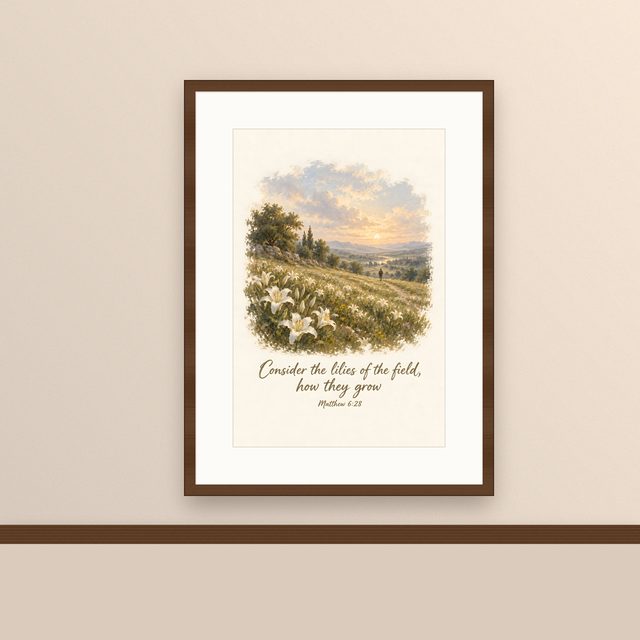 Sunlit Meadow, Matthew 6:28 watercolor print, framed on a wall