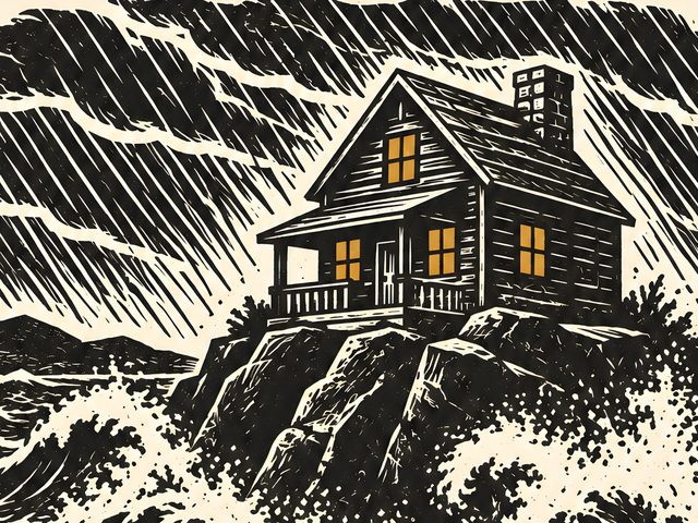 Cabin in the Storm, Matthew 7:24 watercolor print, close-up of the watercolor painting