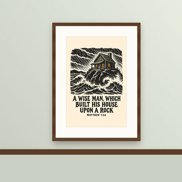 Cabin in the Storm, Matthew 7:24 watercolor print, framed on a wall