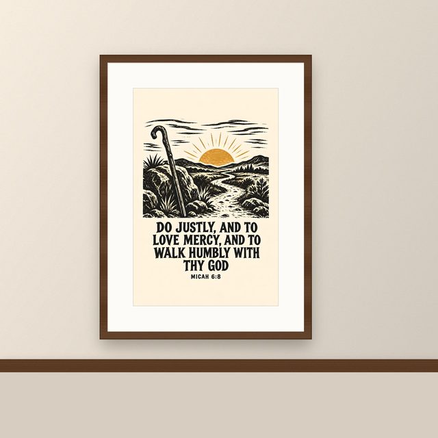 The Humble Path, Micah 6:8 watercolor print, framed on a wall