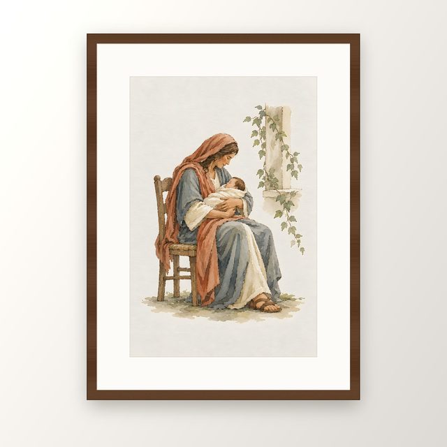 Mother and Child, watercolor print, framed