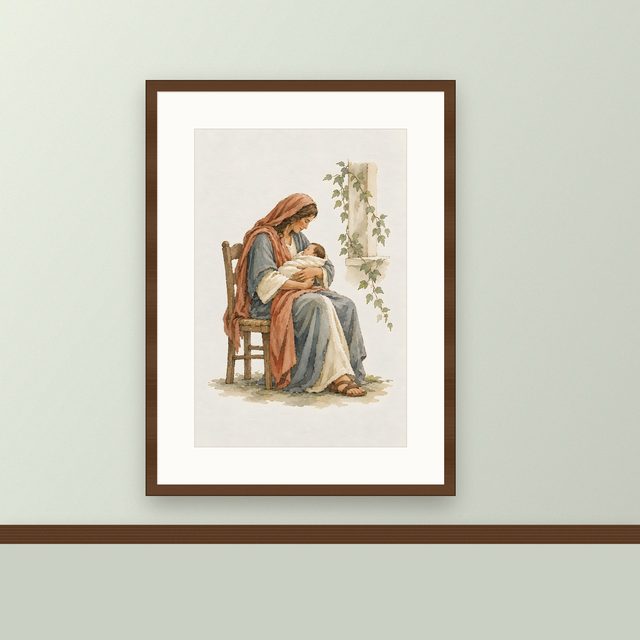 Mother and Child, watercolor print, framed on a wall