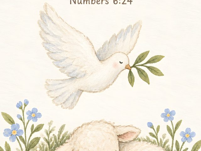 Blue Dove and Lamb, Numbers 6:24 watercolor print, close-up of the watercolor painting