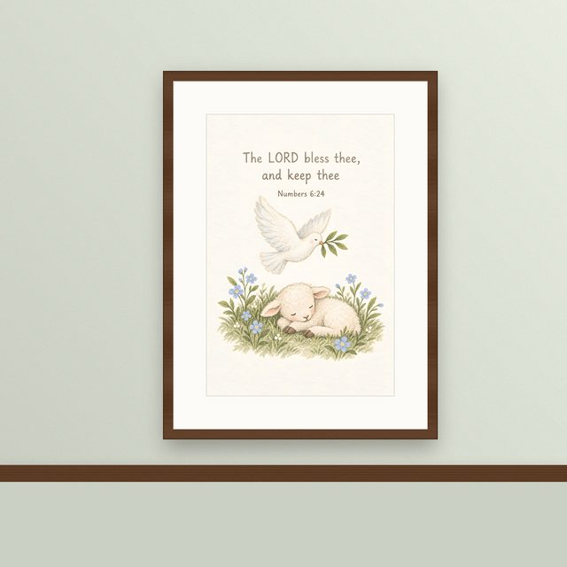 Blue Dove and Lamb, Numbers 6:24 watercolor print, framed on a wall