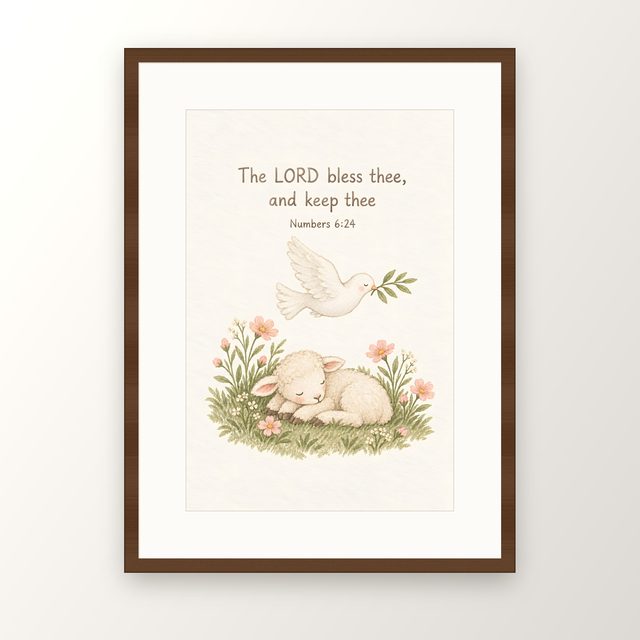 Pink Dove and Lamb, Numbers 6:24 watercolor print, framed