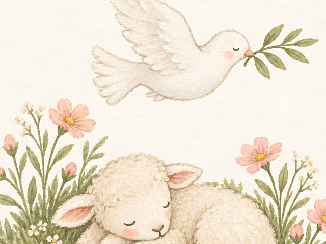 Pink Dove and Lamb, Numbers 6:24 watercolor print, close-up of the watercolor painting