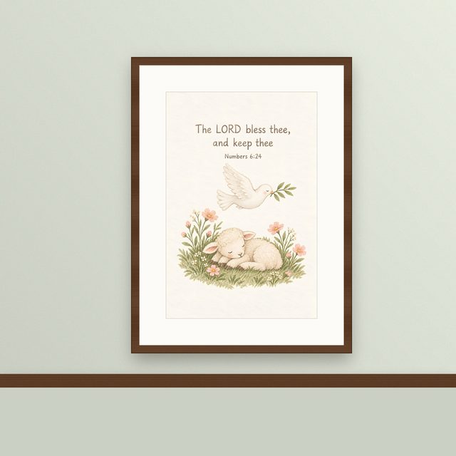 Pink Dove and Lamb, Numbers 6:24 watercolor print, framed on a wall