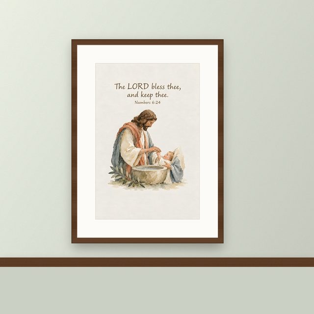 The Lord Bless Thee and Keep Thee, Numbers 6:24 watercolor print, framed on a wall