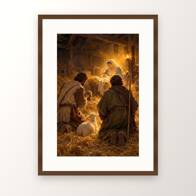 O Holy Night Shepherds oil-style print, in a walnut frame with a white mat