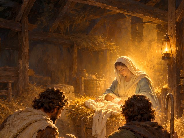 O Holy Night Shepherds oil-style print, close-up of the oil-style painting