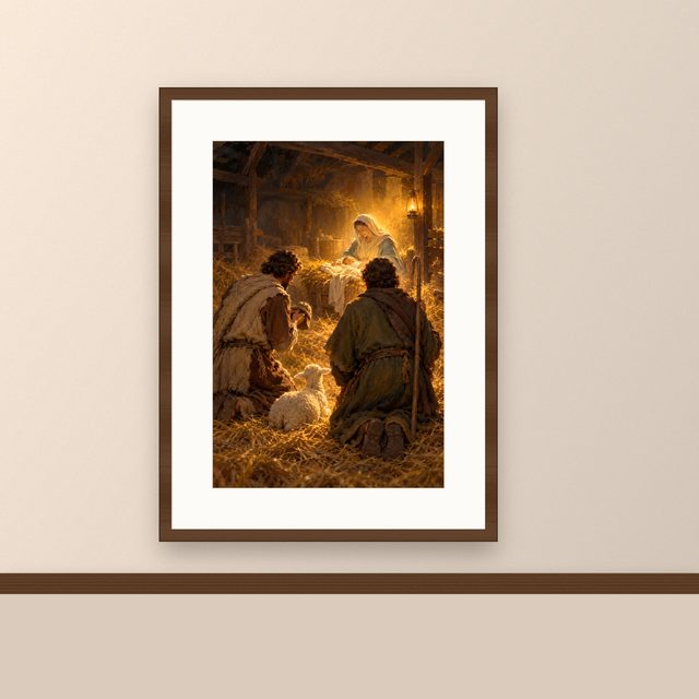 O Holy Night Shepherds oil-style print, framed and hung on a painted wall above a wooden ledge