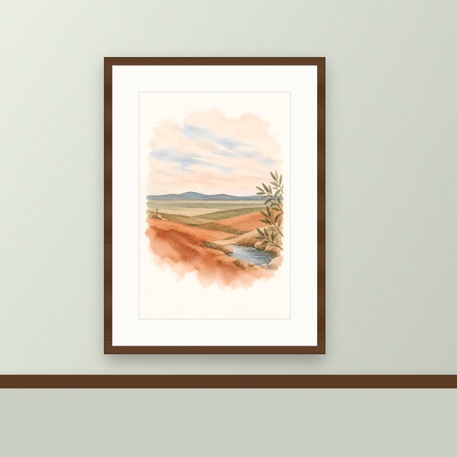 Olive Branch and Spring, watercolor print, framed on a wall