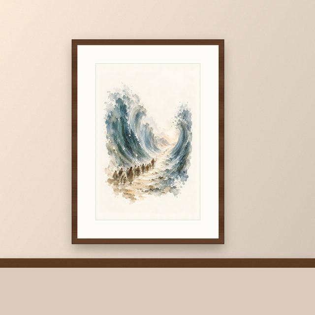 Parting the Red Sea, watercolor print, framed on a wall