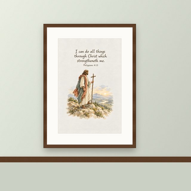 I Can Do All Things Through Christ, Philippians 4:13 watercolor print, framed on a wall