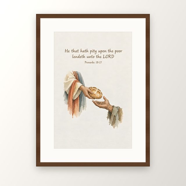 He That Hath Pity Upon the Poor, Proverbs 19:17 watercolor print, framed