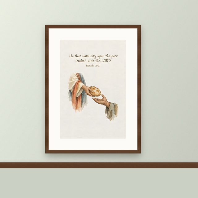 He That Hath Pity Upon the Poor, Proverbs 19:17 watercolor print, framed on a wall