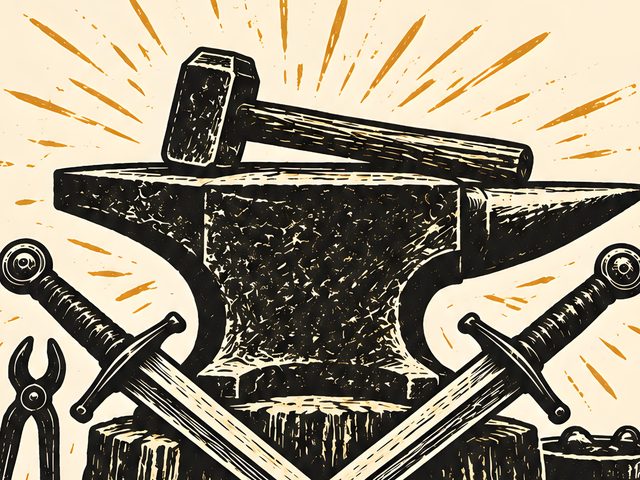 Anvil and Swords, Proverbs 27:17 watercolor print, close-up of the watercolor painting