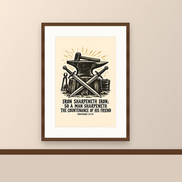 Anvil and Swords, Proverbs 27:17 watercolor print, framed on a wall